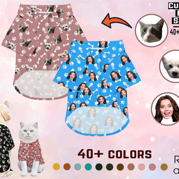 カラフルな愛犬・愛猫家向けオーダーメイドTシャツ／あなたの顔入りペットTシャツ／骨と肉球デザイン付きカスタムペットシャツ／名前入りオリジナル猫Tシャツ